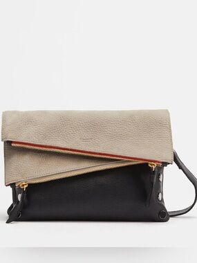 Hammitt Dillon Medium Two-Tone Fold-Over Leather Crossbody in Beige and Black